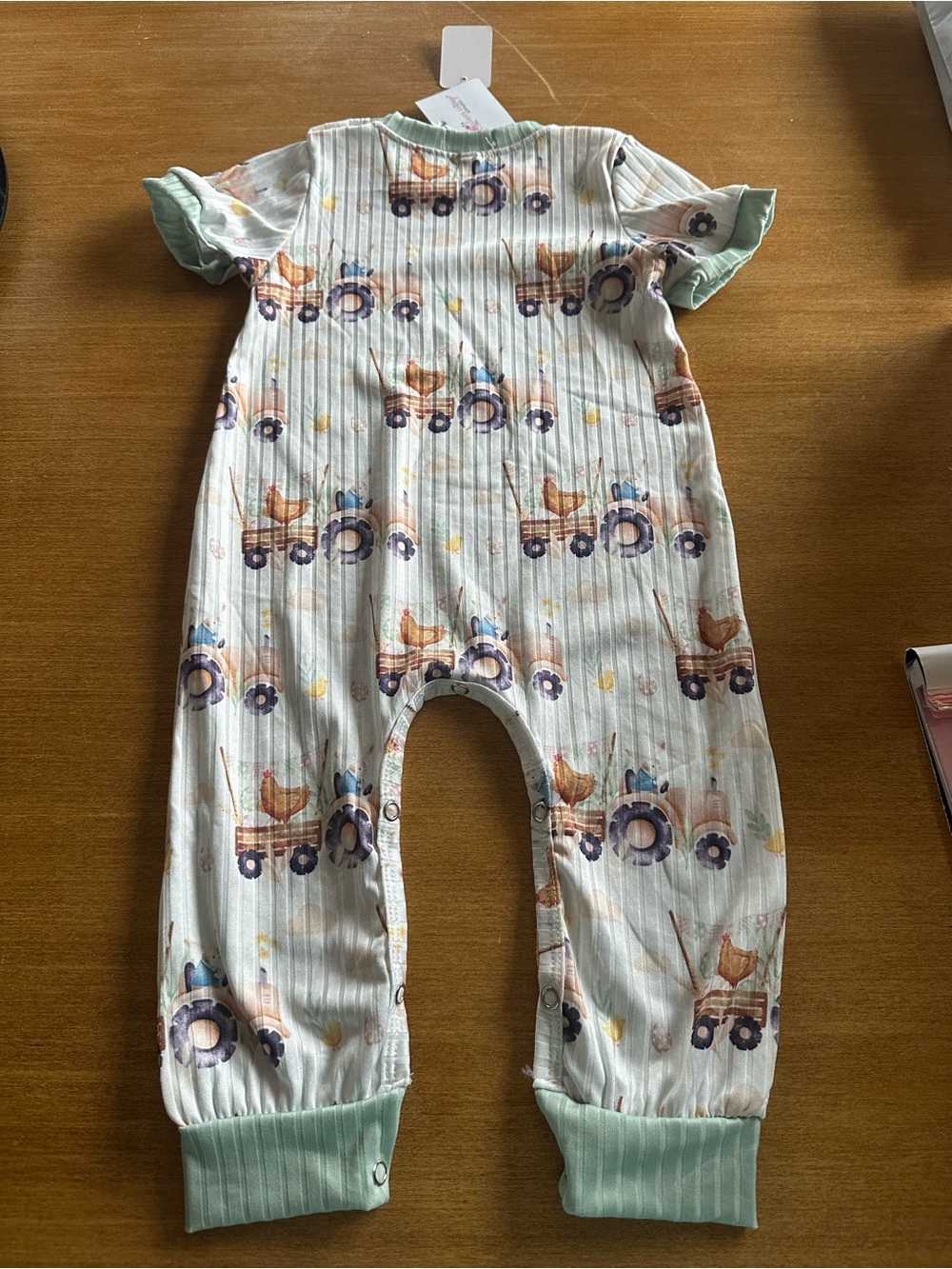 Clover Cottage Green Trim Kids One-Piece Bodysuit with Tractor Print
